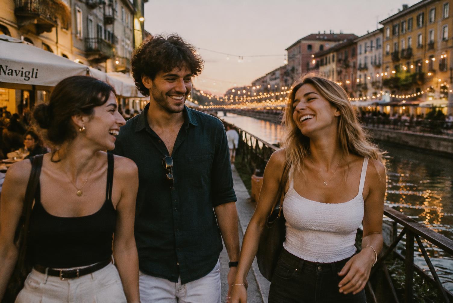 Amici a passeggio sui Navigli al tramonto